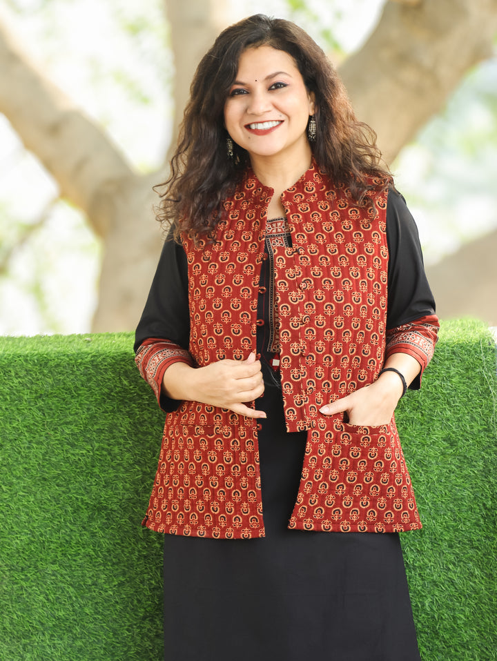 Sejal Maroon Red Ban Collar Gamthi Printed Quilted Cotton Jacket with Pocket