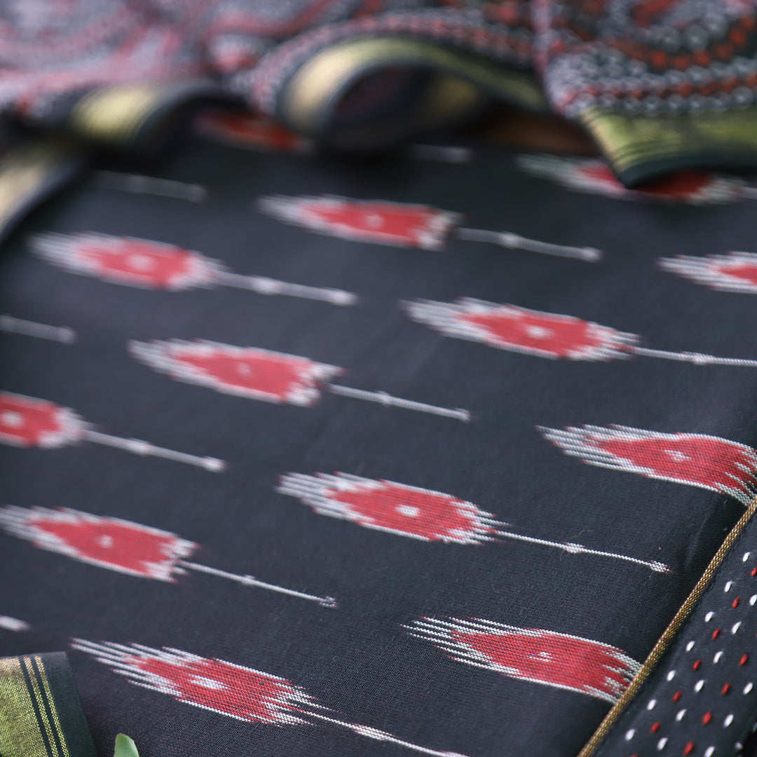 Vandana Ebony Black All Over Ikkat Inspired Printed Handloom Cotton Suit Set