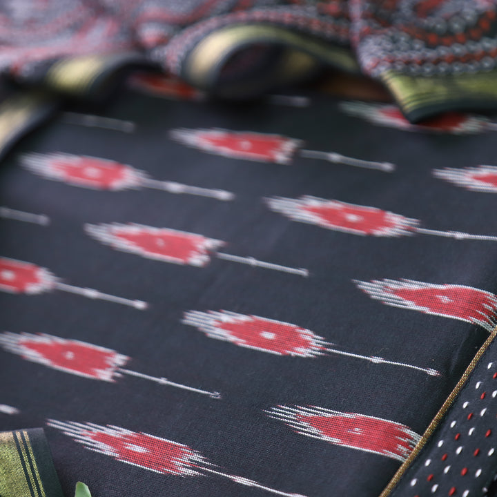 Vandana Ebony Black All Over Ikkat Inspired Printed Handloom Cotton Suit Set