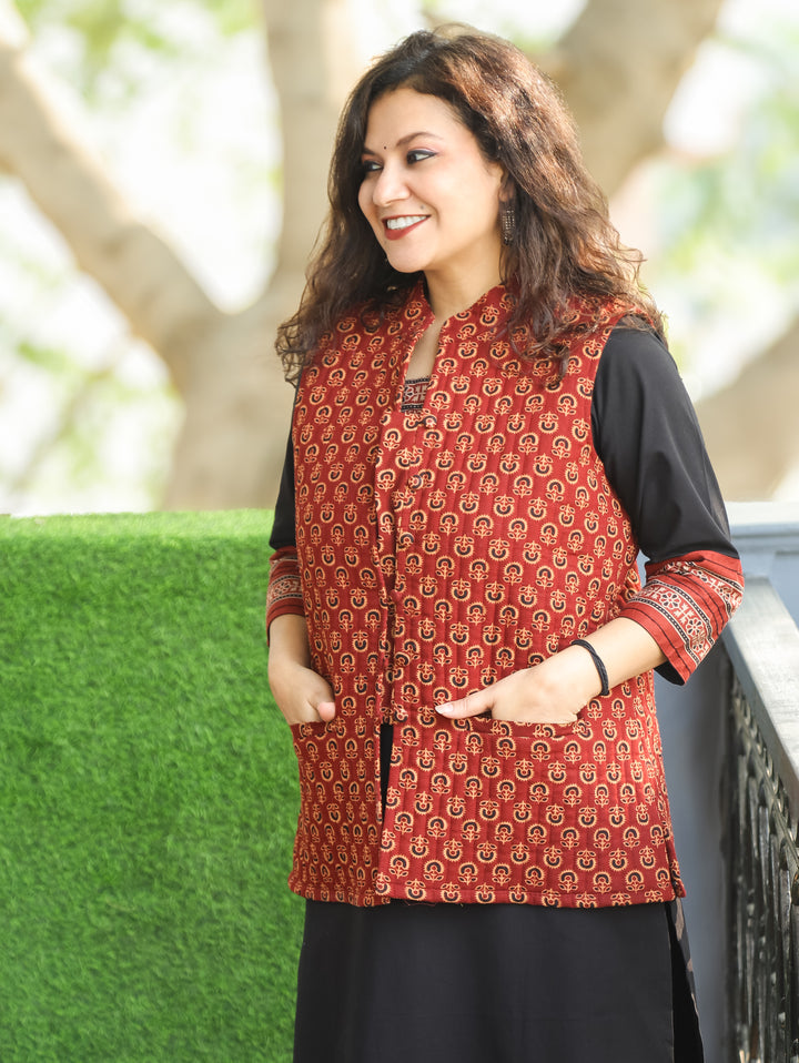 Sejal Maroon Red Ban Collar Gamthi Printed Quilted Cotton Jacket with Pocket