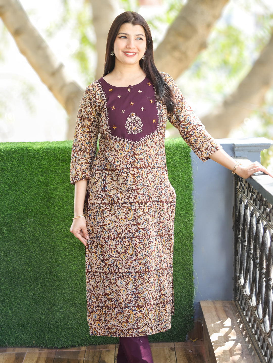 Sajni Burgundy Wine Floral Thread Work Yoke with Kalamkari Printed Cotton 2 PIece Set
