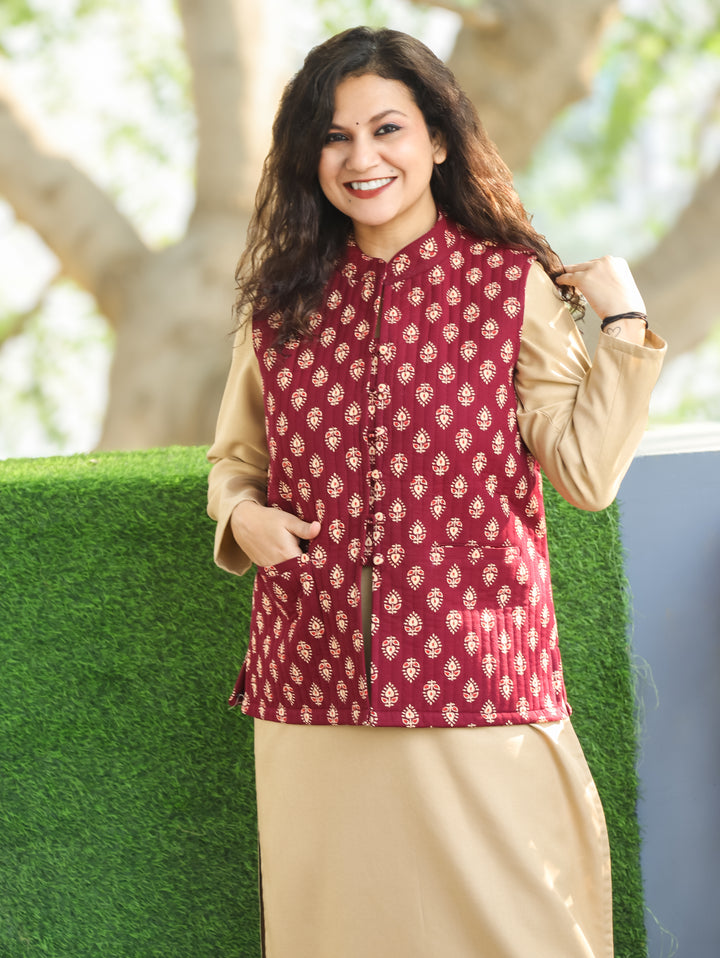 Sejal Burgundy Wine Ban Collar Gujjri Printed Quilted Cotton Jacket with Pocket