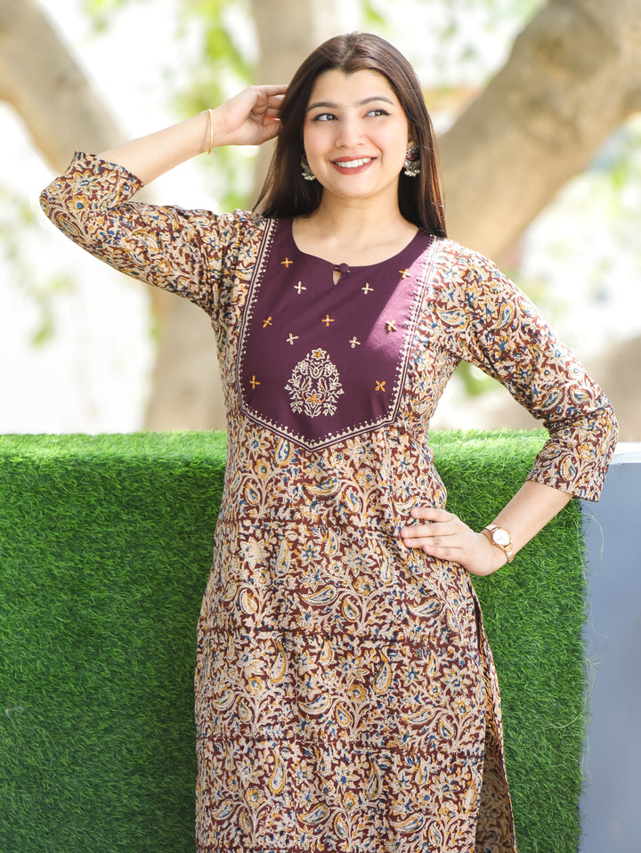 Sajni Burgundy Wine Floral Thread Work Yoke with Kalamkari Printed Cotton 2 PIece Set
