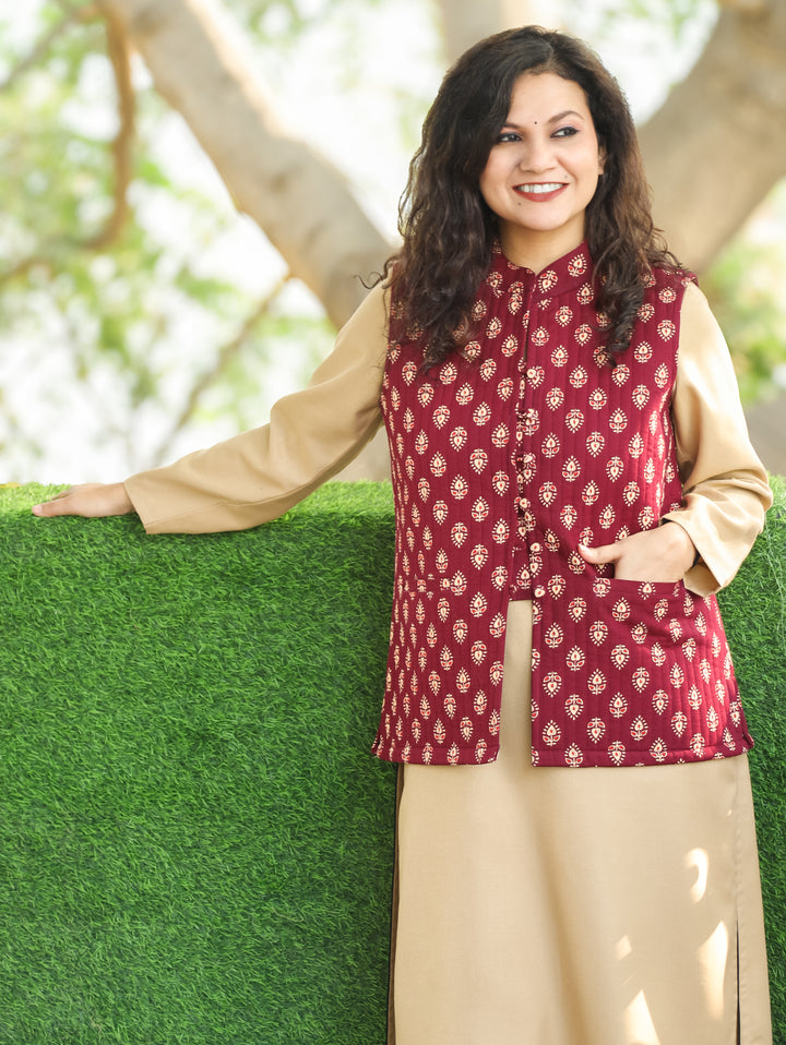 Sejal Burgundy Wine Ban Collar Gujjri Printed Quilted Cotton Jacket with Pocket