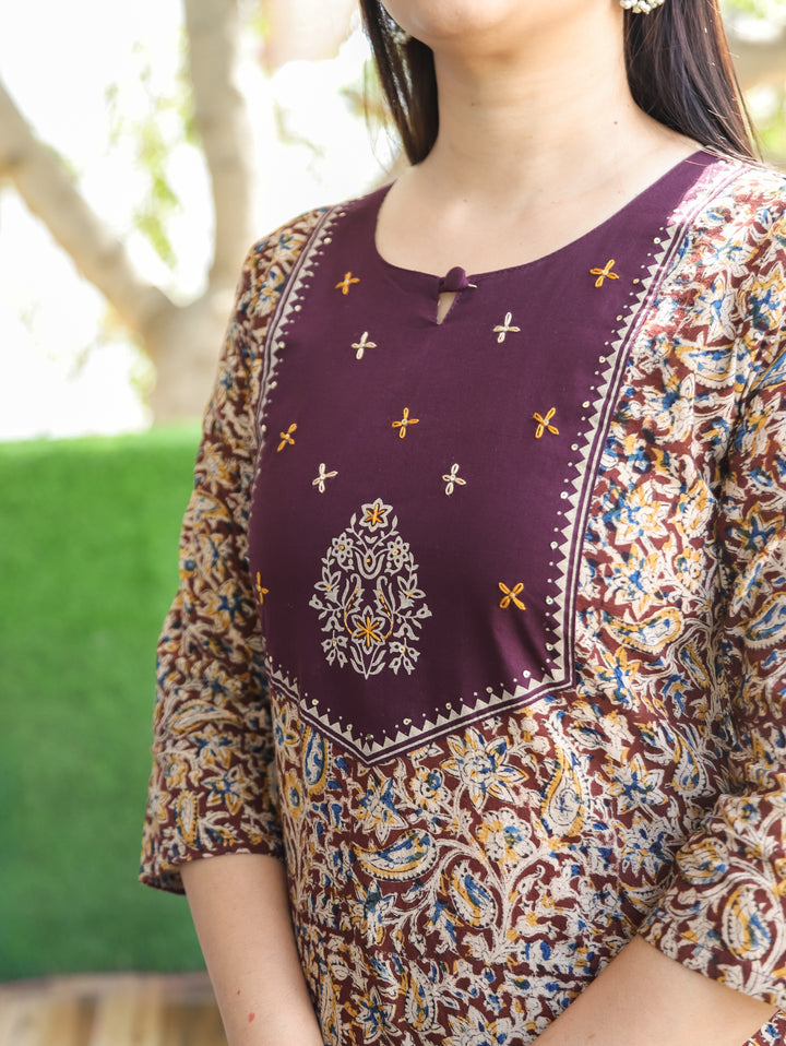 Sajni Burgundy Wine Floral Thread Work Yoke with Kalamkari Printed Cotton 2 PIece Set