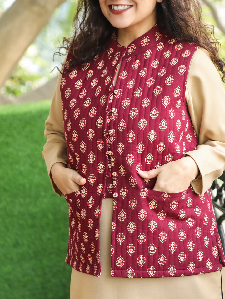 Sejal Burgundy Wine Ban Collar Gujjri Printed Quilted Cotton Jacket with Pocket