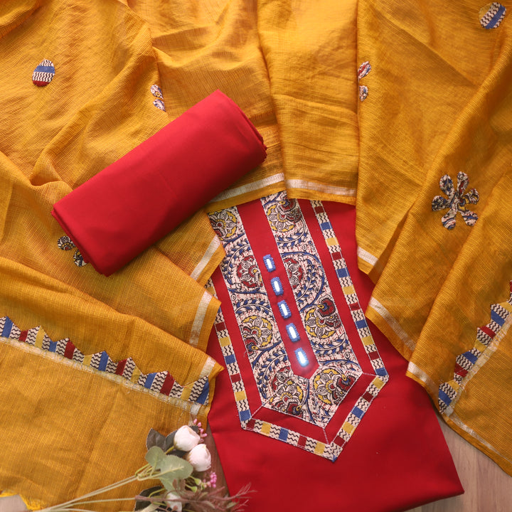 Maahi Cherry Red Mirror Work with Kalamkari Patch Cotton Suit Set