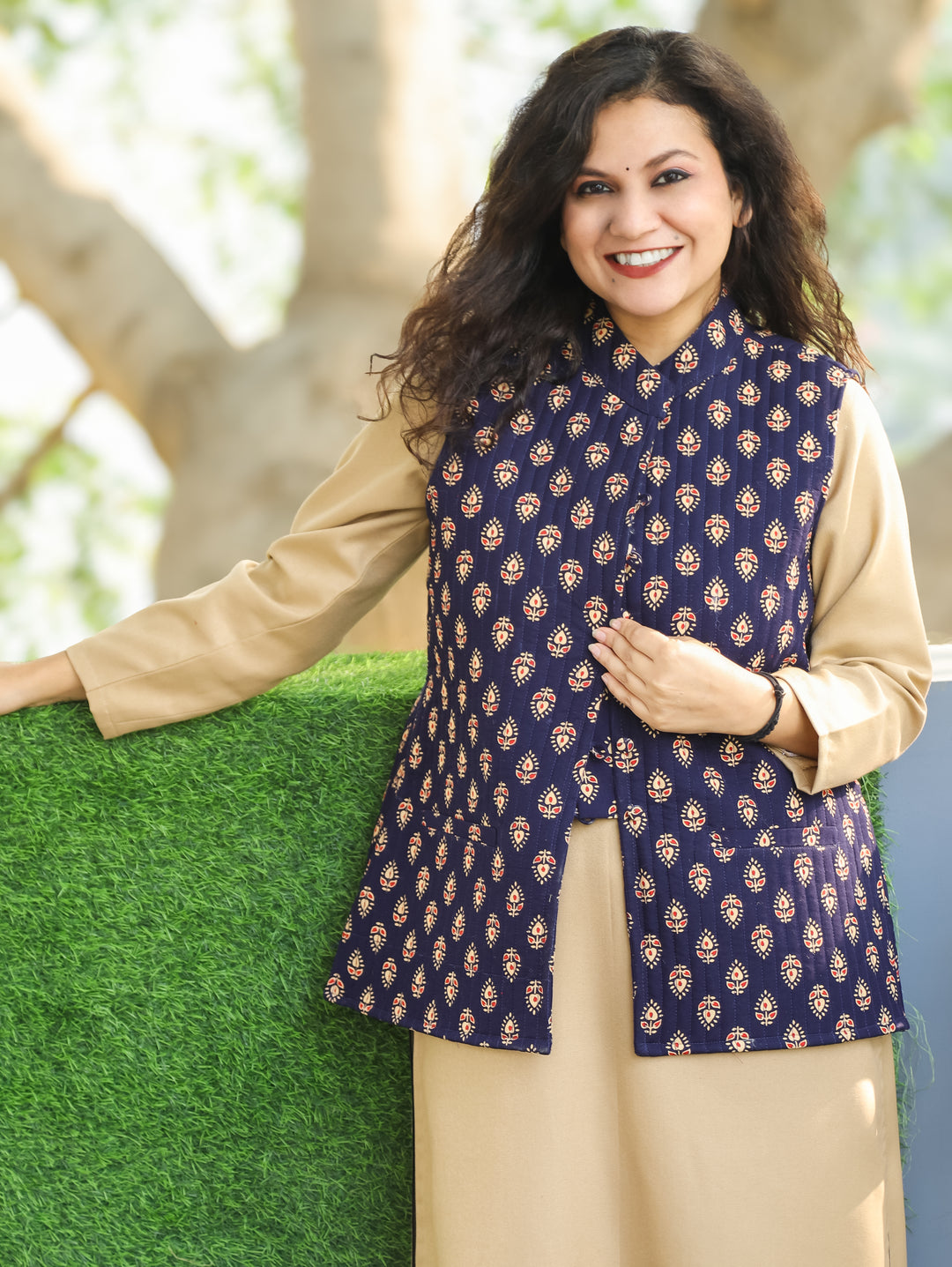 Sejal Indigo Blue Ban Collar Gujjri Printed Quilted Cotton Jacket with Pocket