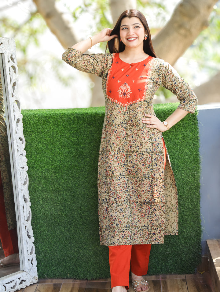 Sajni Summer Orange Floral Thread Work Yoke with Kalamkari Printed Cotton 2 PIece Set