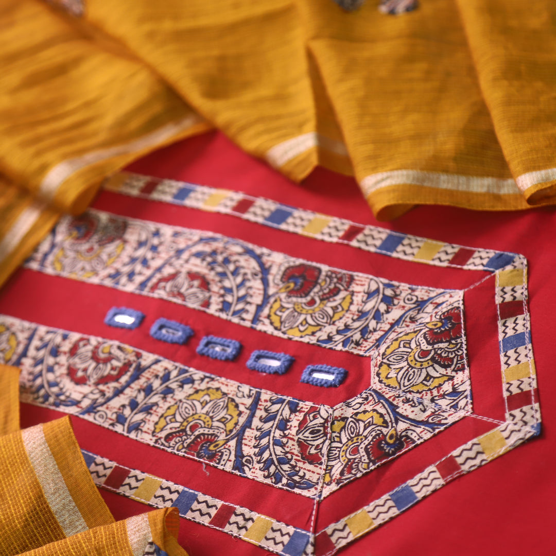 Maahi Cherry Red Mirror Work with Kalamkari Patch Cotton Suit Set