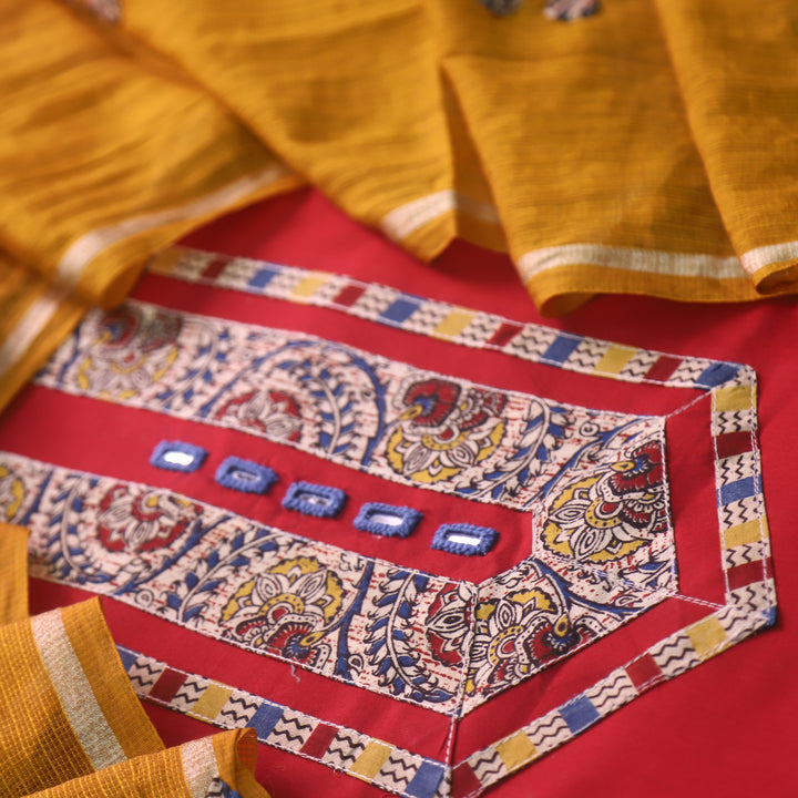 Maahi Cherry Red Mirror Work with Kalamkari Patch Cotton Suit Set