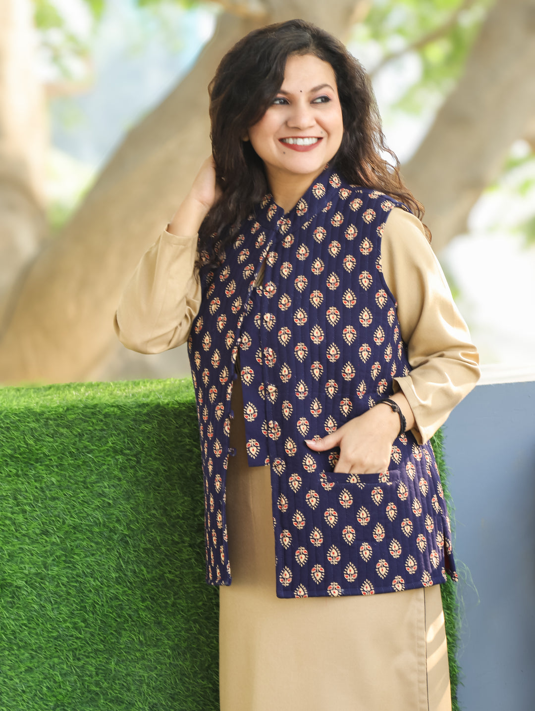 Sejal Indigo Blue Ban Collar Gujjri Printed Quilted Cotton Jacket with Pocket