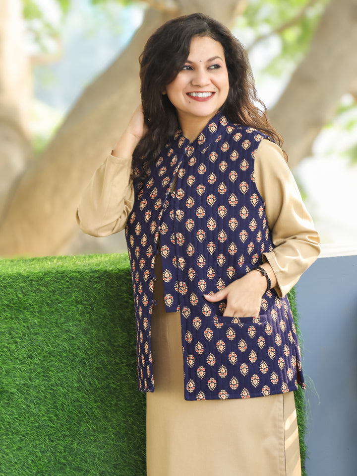Sejal Indigo Blue Ban Collar Gujjri Printed Quilted Cotton Jacket with Pocket