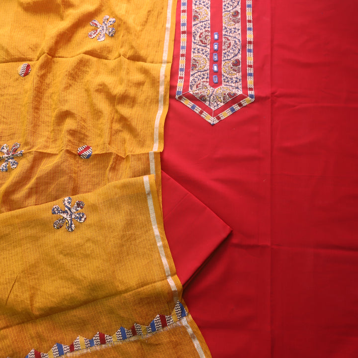 Maahi Cherry Red Mirror Work with Kalamkari Patch Cotton Suit Set