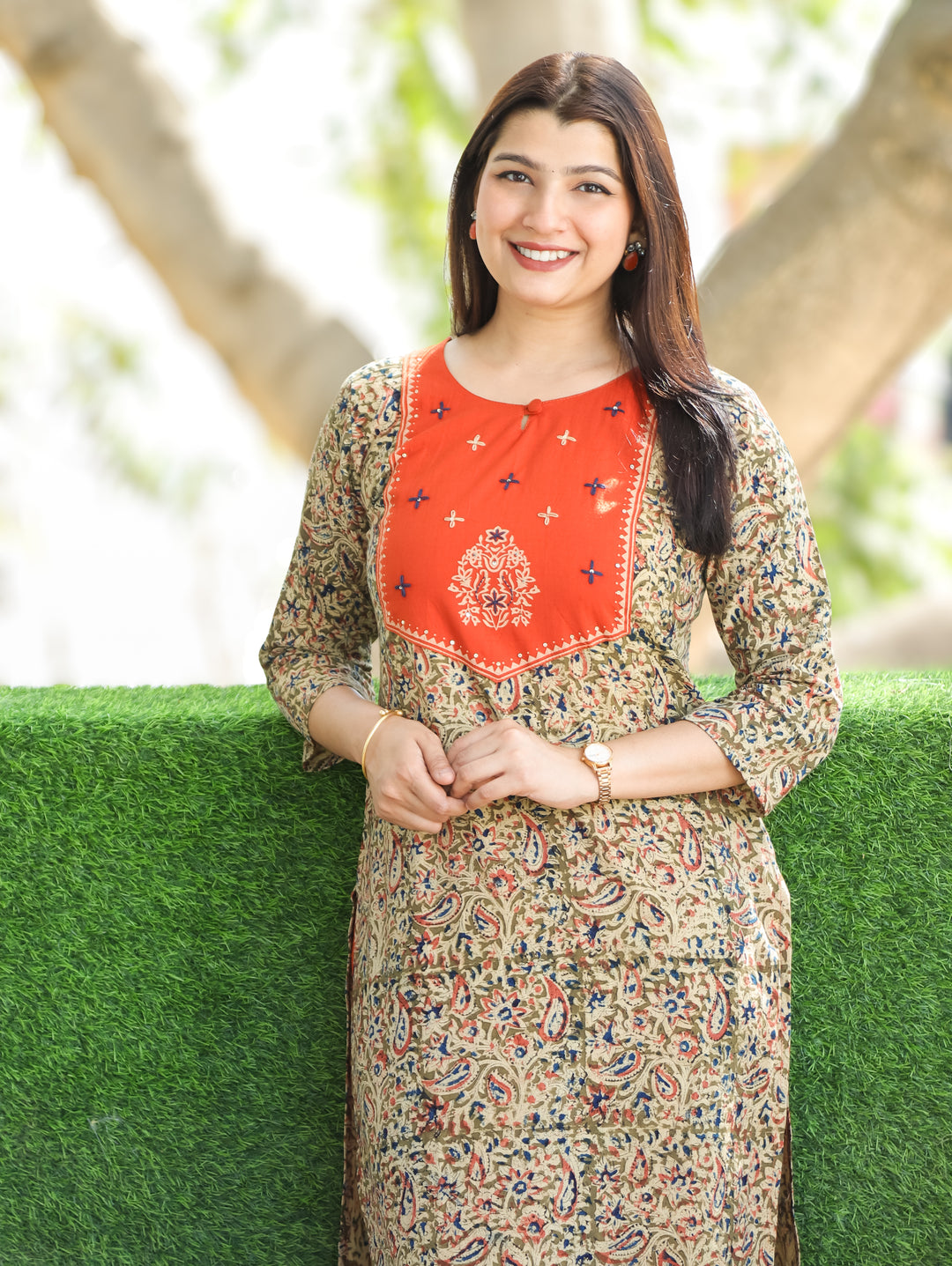 Sajni Summer Orange Floral Thread Work Yoke with Kalamkari Printed Cotton 2 PIece Set