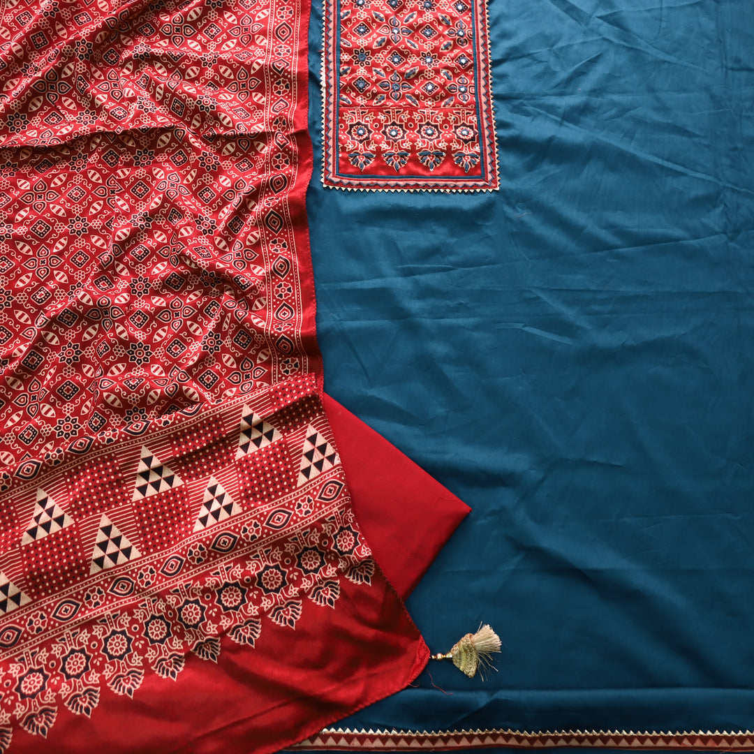 Safar Orford Blue Printed Work Neck Glazed Cotton Suit with Mashru Dupatta-D1