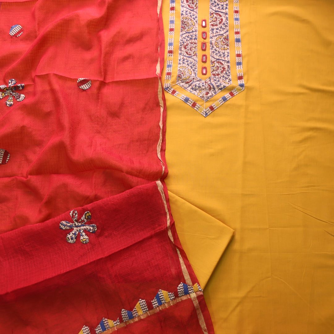 Maahi Dandelion Yellow Mirror Work with Kalamkari Patch Cotton Suit Set