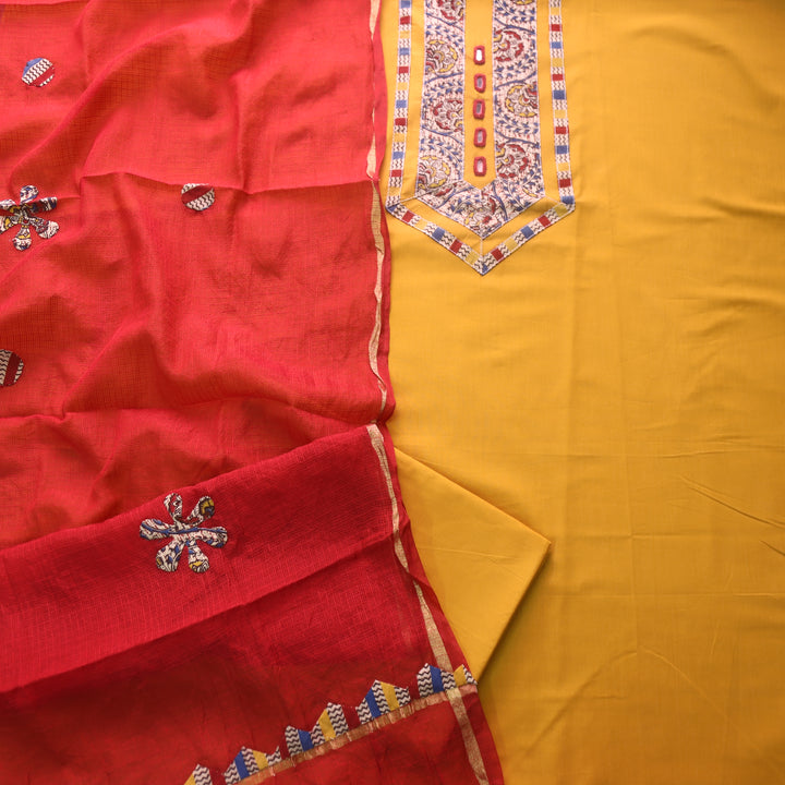 Maahi Dandelion Yellow Mirror Work with Kalamkari Patch Cotton Suit Set