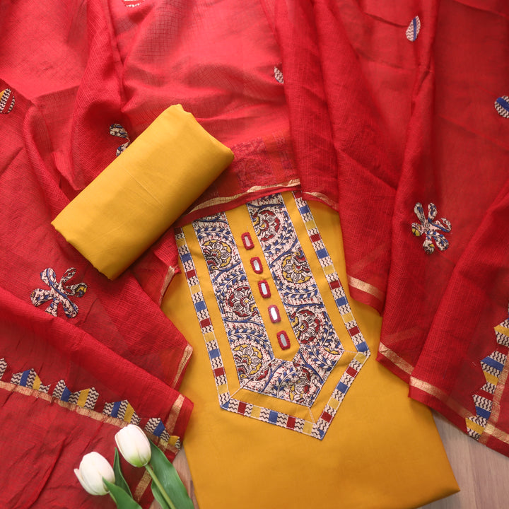 Maahi Dandelion Yellow Mirror Work with Kalamkari Patch Cotton Suit Set