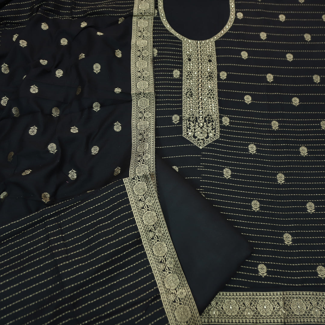 फ़रमान Coal Black with All Over Zari Weaved Work Semi Pashmina Winter Set