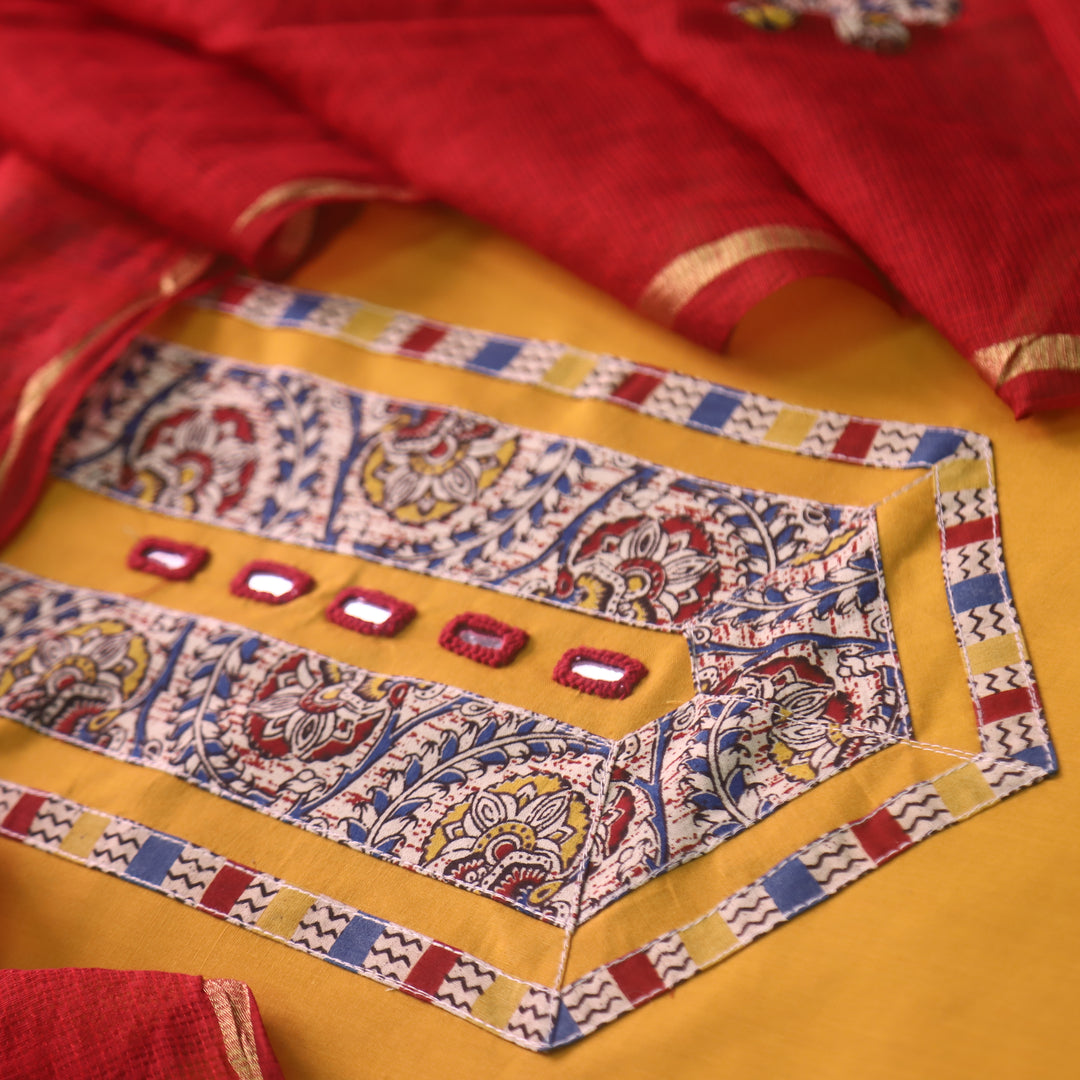 Maahi Dandelion Yellow Mirror Work with Kalamkari Patch Cotton Suit Set