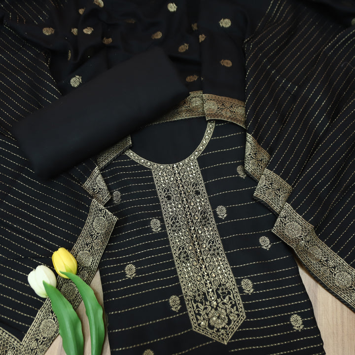 फ़रमान Coal Black with All Over Zari Weaved Work Semi Pashmina Winter Set