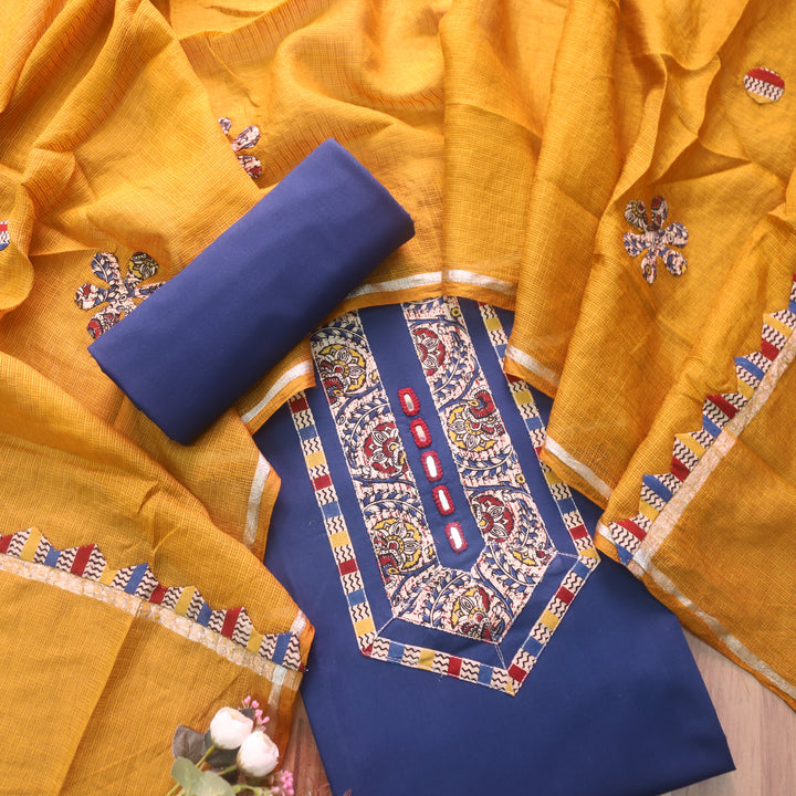Maahi Royal Blue Mirror Work with Kalamkari Patch Cotton Suit Set