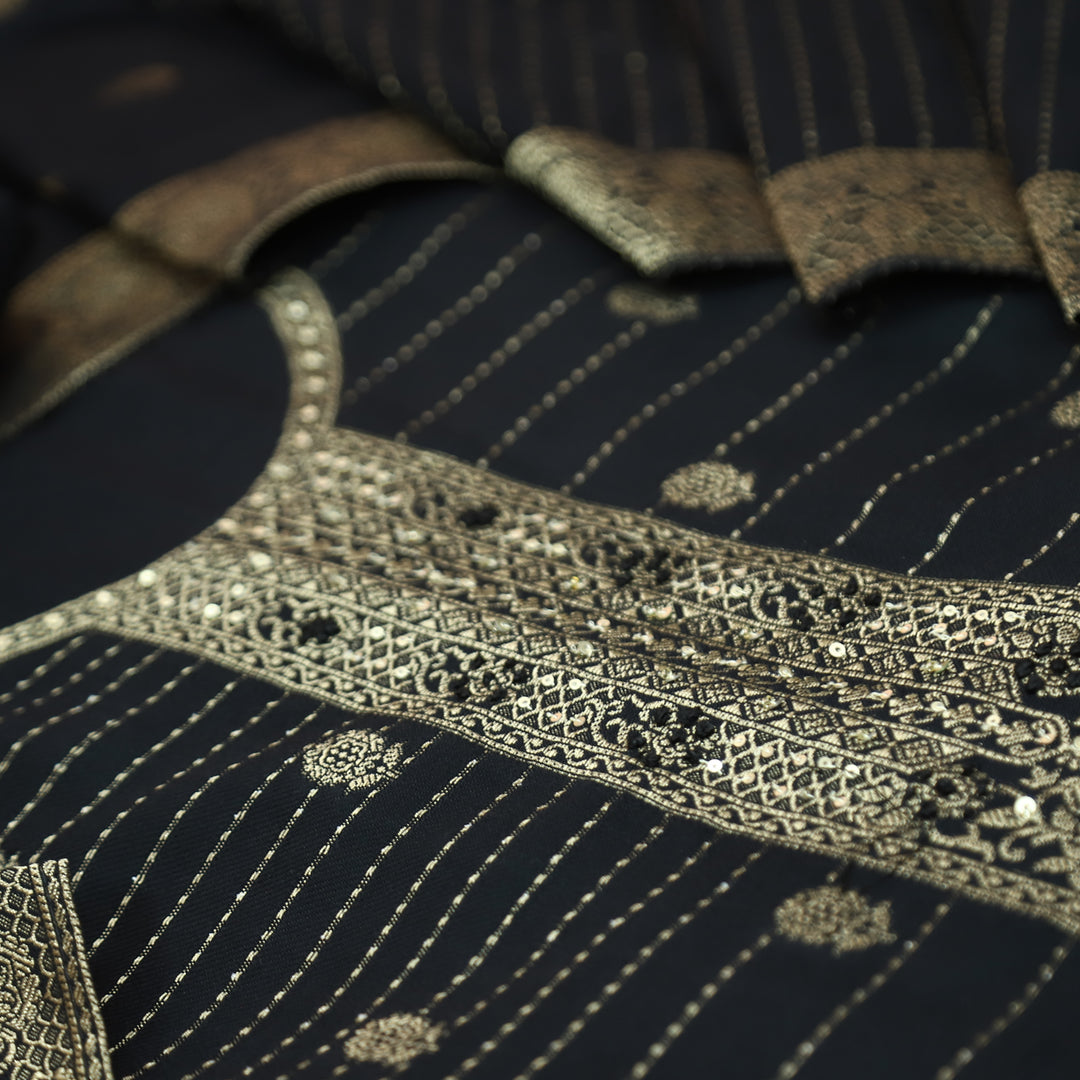फ़रमान Coal Black with All Over Zari Weaved Work Semi Pashmina Winter Set