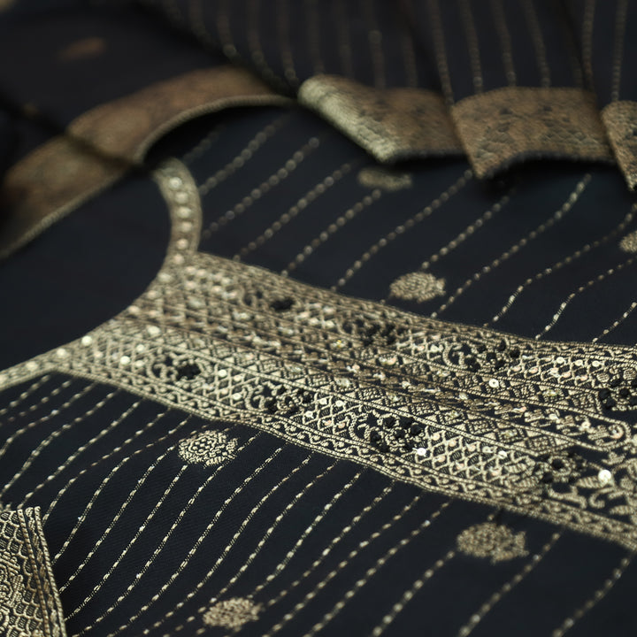 फ़रमान Coal Black with All Over Zari Weaved Work Semi Pashmina Winter Set