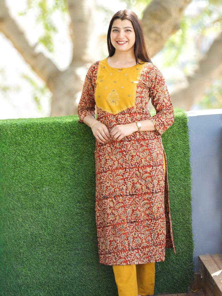 Sajni Dijon Yellow Floral Thread Work Yoke with Kalamkari Printed Cotton 2 PIece Set