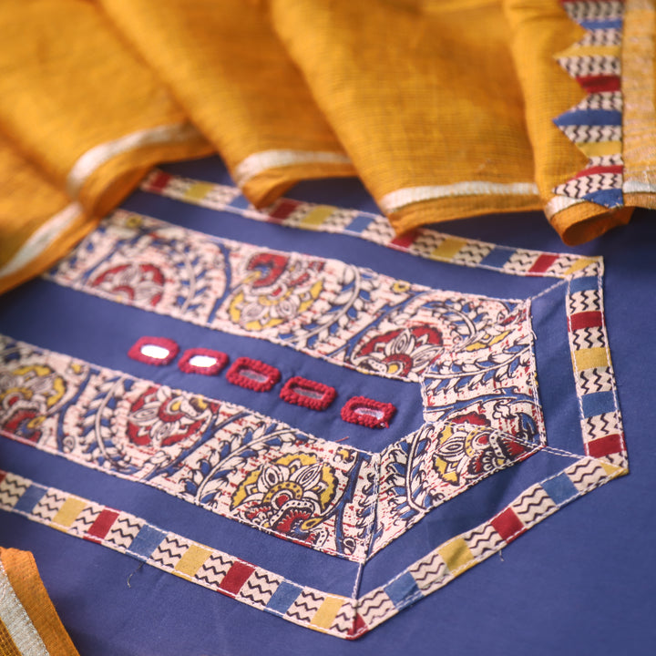 Maahi Royal Blue Mirror Work with Kalamkari Patch Cotton Suit Set