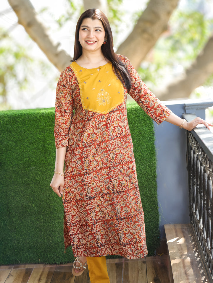 Sajni Dijon Yellow Floral Thread Work Yoke with Kalamkari Printed Cotton 2 PIece Set