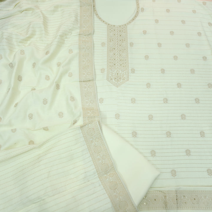 फ़रमान Cream White with All Over Zari Weaved Work Semi Pashmina Winter Set