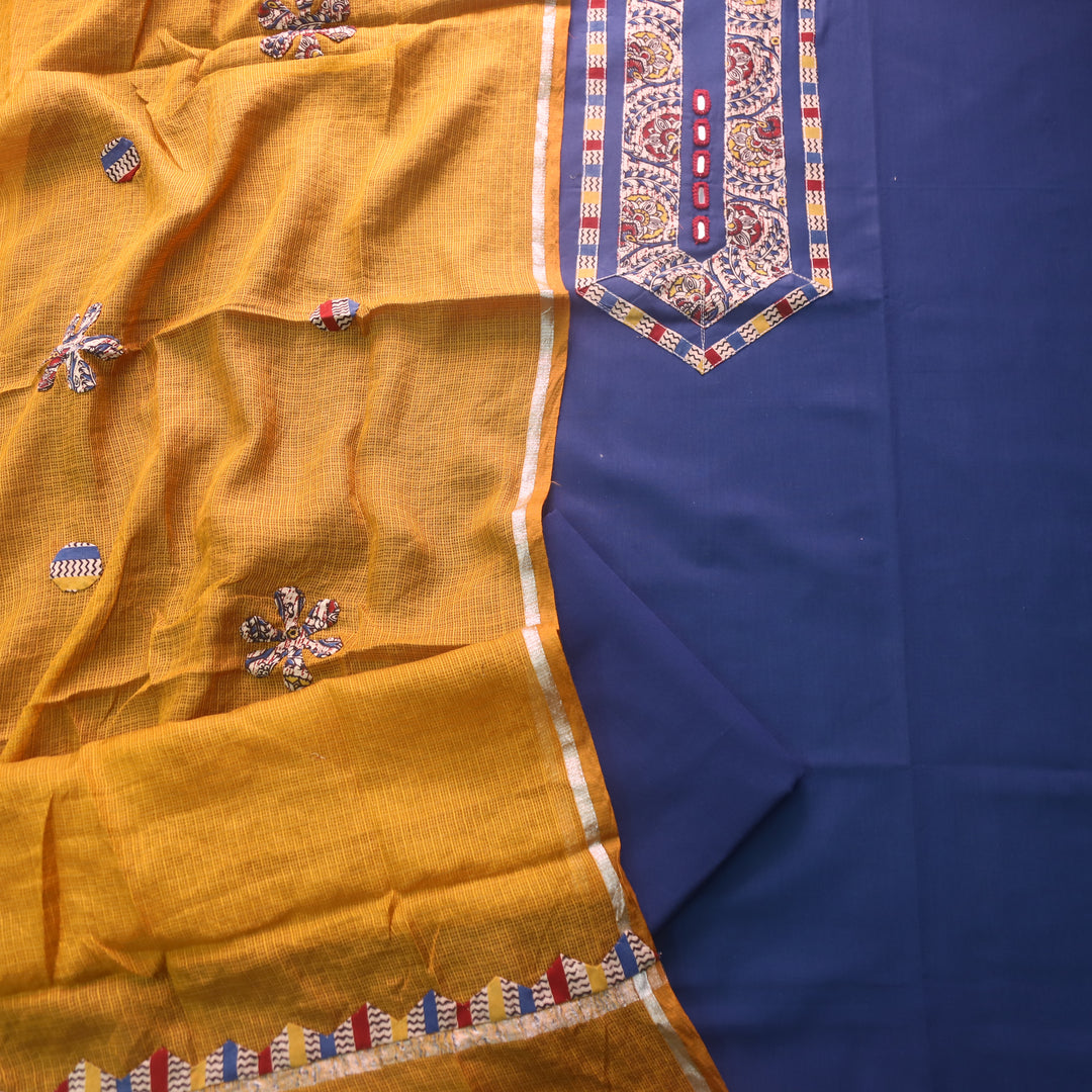 Maahi Royal Blue Mirror Work with Kalamkari Patch Cotton Suit Set