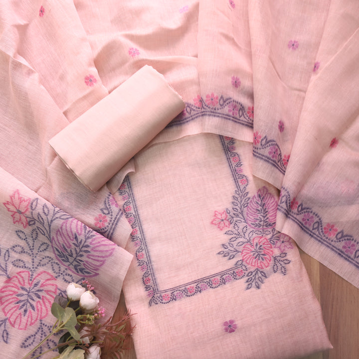 Ambarsari Dusty Pink with Authentic Floral Jamdani Weaved Chanderi Suit Set