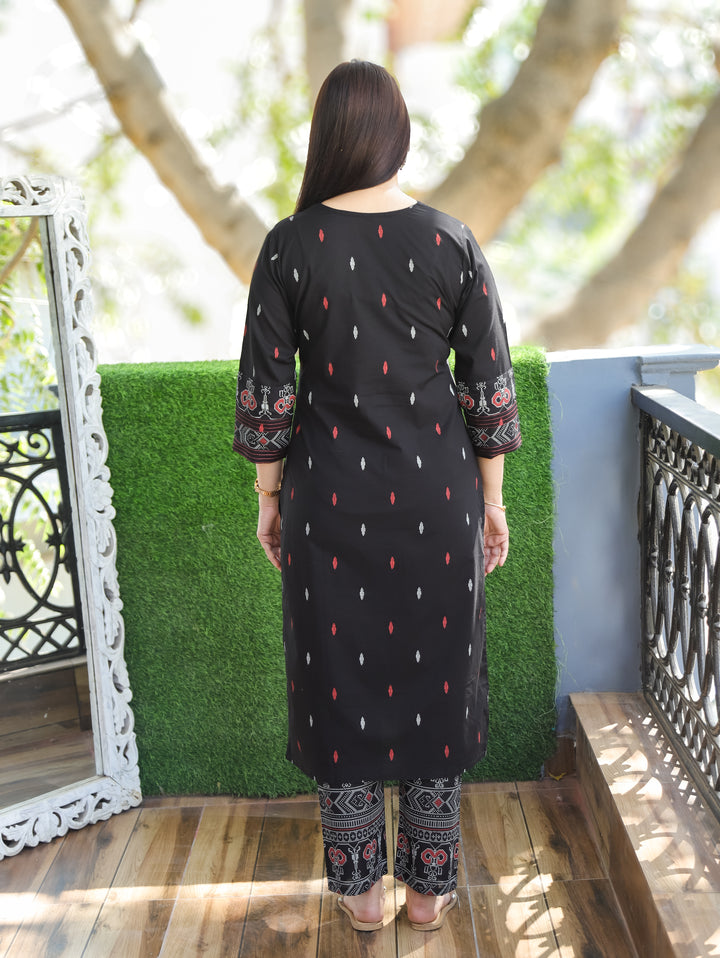 Mishthi Ebony Black V NeckThread Work Pigment Printed Work Cotton 2 Piece Set