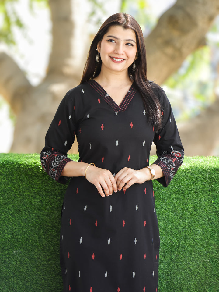 Mishthi Ebony Black V NeckThread Work Pigment Printed Work Cotton 2 Piece Set