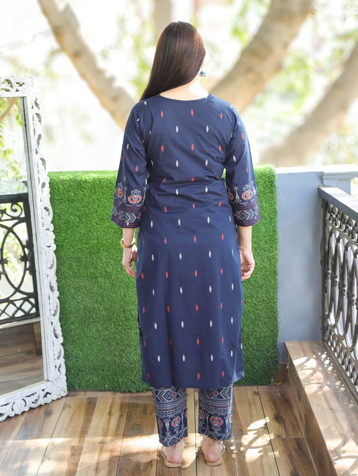Mishthi Navy Blue V NeckThread Work Pigment Printed Work Cotton 2 Piece Set