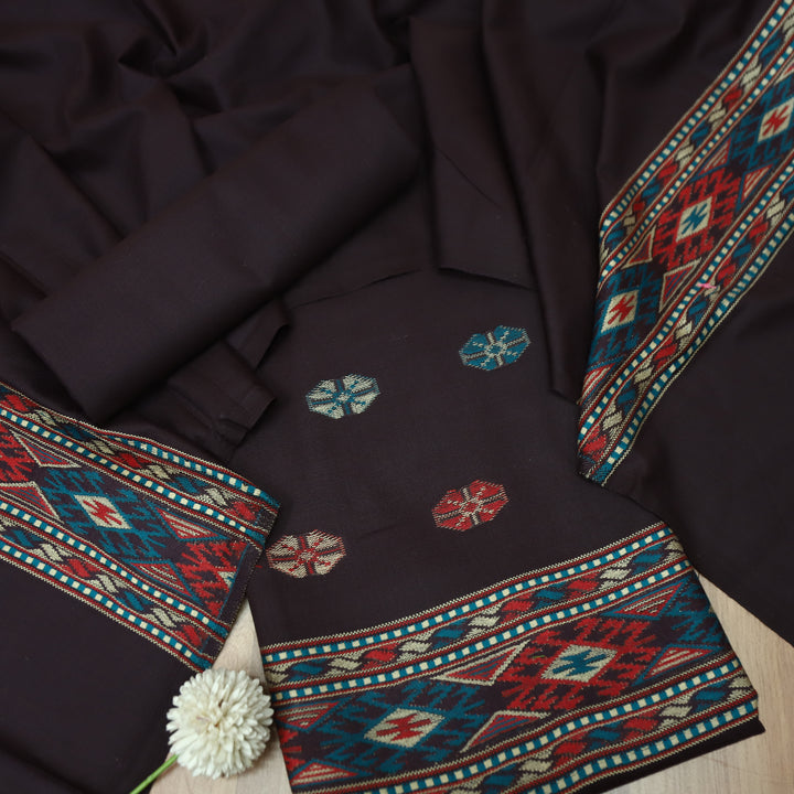 संजीवनी Ebony Black Defined by Thread Weaved Hem Semi Pashmina Winter Set