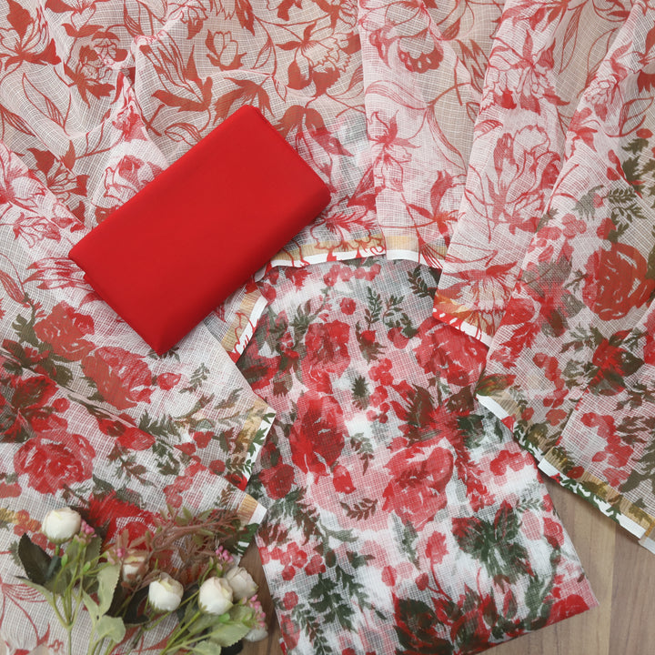 Kamleya Pearl White with Red Bottom Floral Printed Kota Doriya Suit Set
