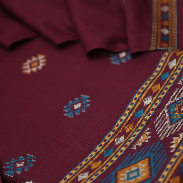 संजीवनी Burgundy Wine Defined by Thread Weaved Hem Semi Pashmina Winter Set