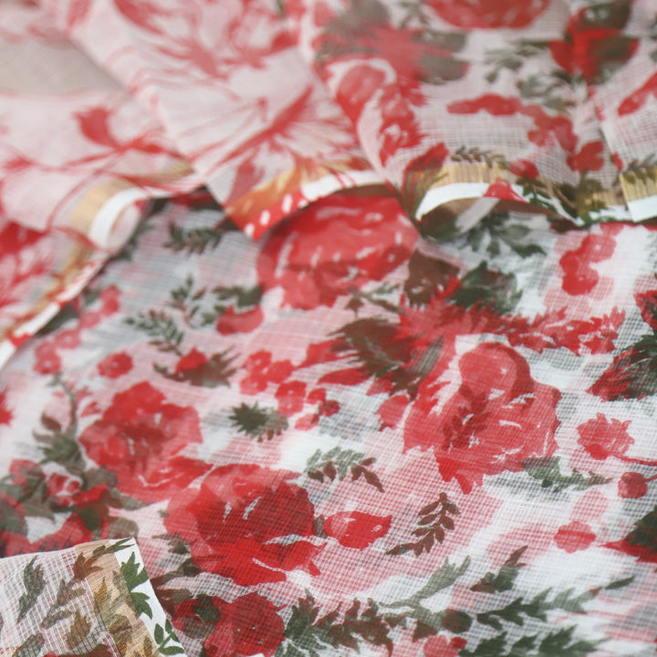 Kamleya Pearl White with Red Bottom Floral Printed Kota Doriya Suit Set