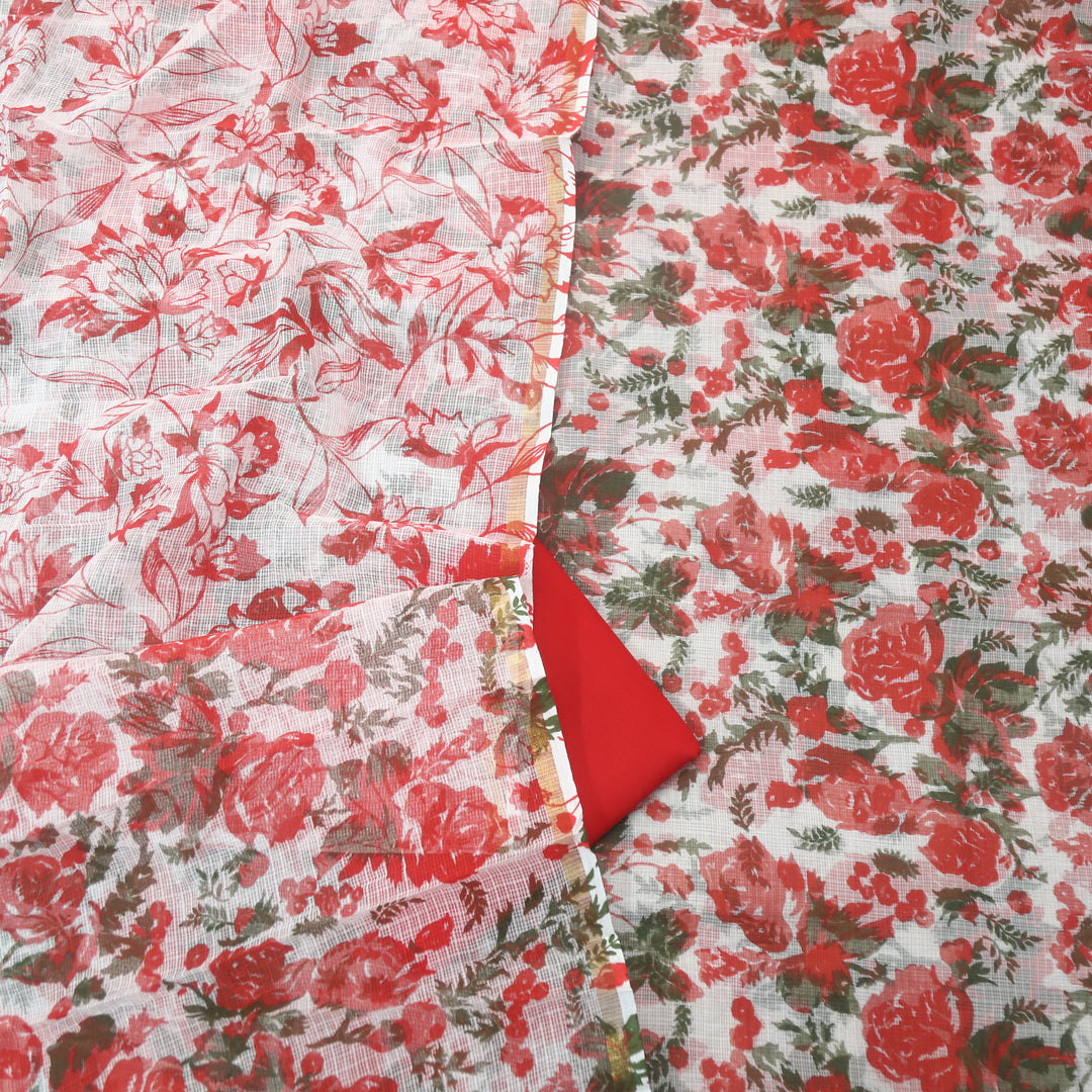 Kamleya Pearl White with Red Bottom Floral Printed Kota Doriya Suit Set