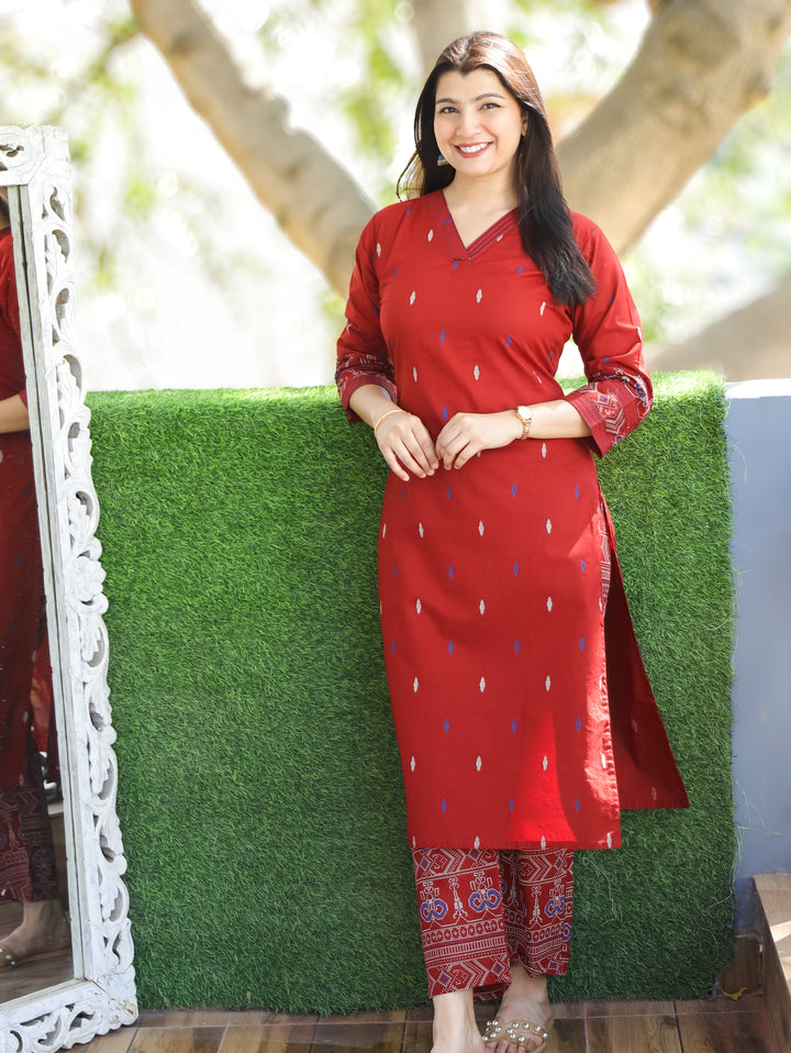 Mishthi Cherry Red V NeckThread Work Pigment Printed Work Cotton 2 Piece Set