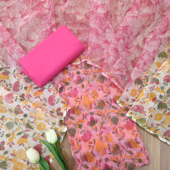 Kamleya Flamingo Pink with Pink Bottom Floral Printed Kota Doriya Suit Set