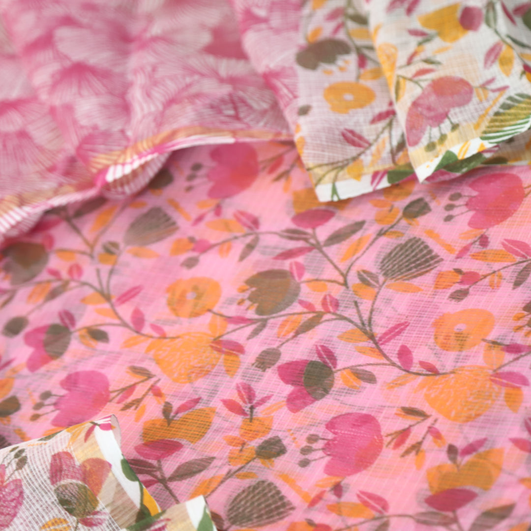 Kamleya Flamingo Pink with Pink Bottom Floral Printed Kota Doriya Suit Set