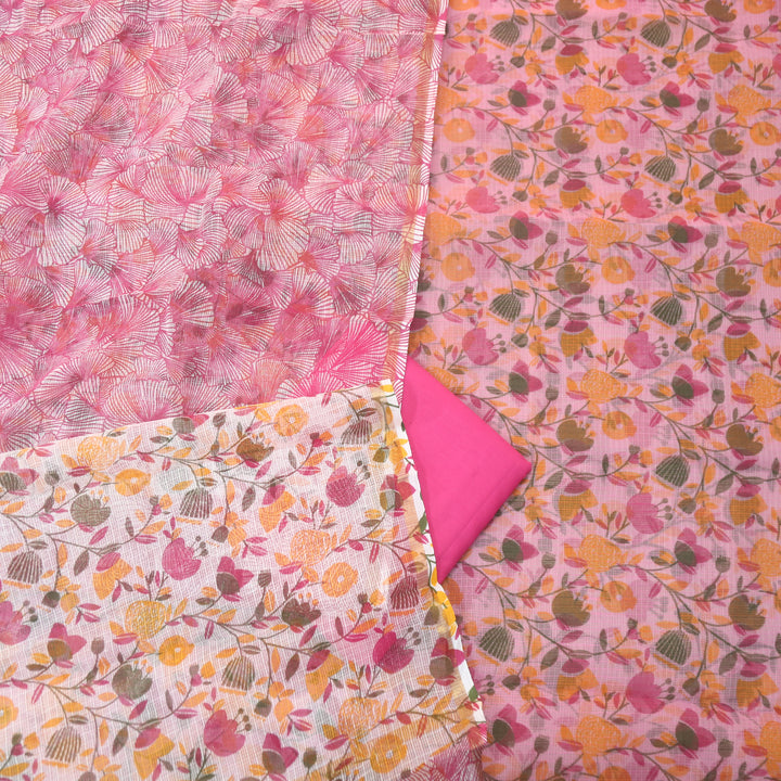 Kamleya Flamingo Pink with Pink Bottom Floral Printed Kota Doriya Suit Set