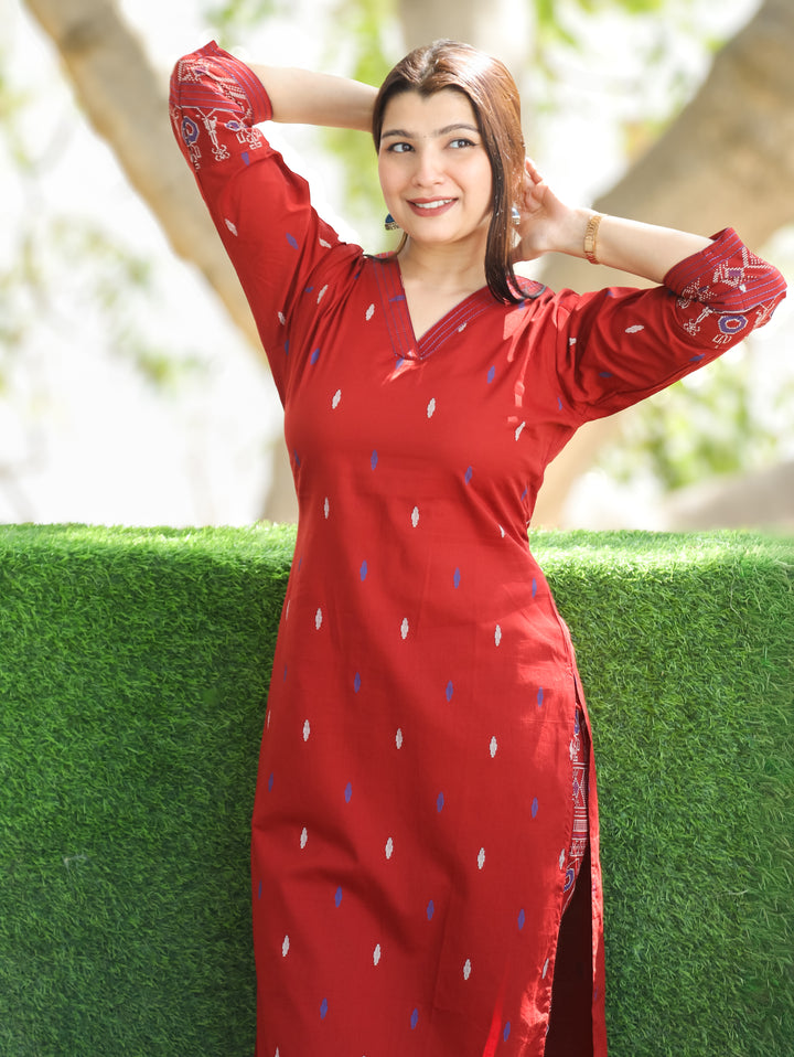 Mishthi Cherry Red V NeckThread Work Pigment Printed Work Cotton 2 Piece Set