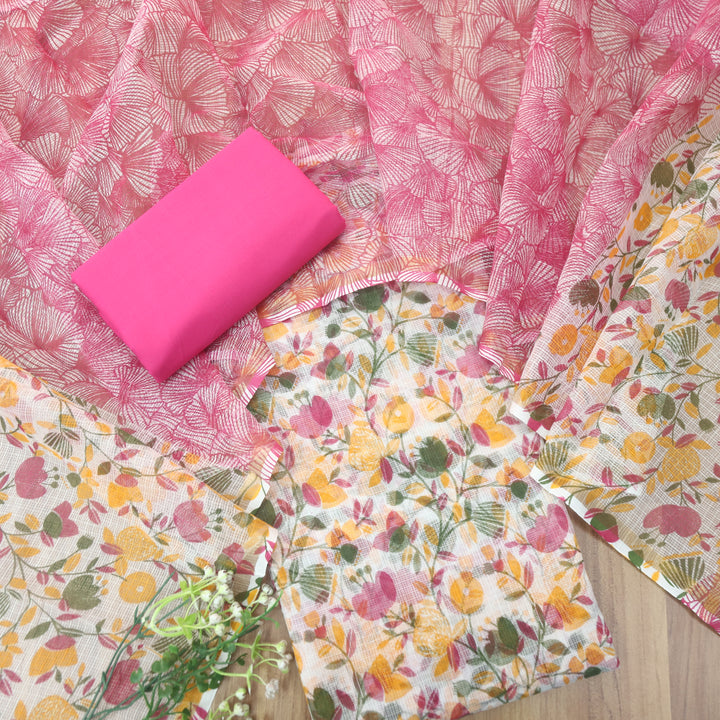 Kamleya Pearl White with Pink Bottom Floral Printed Kota Doriya Suit Set
