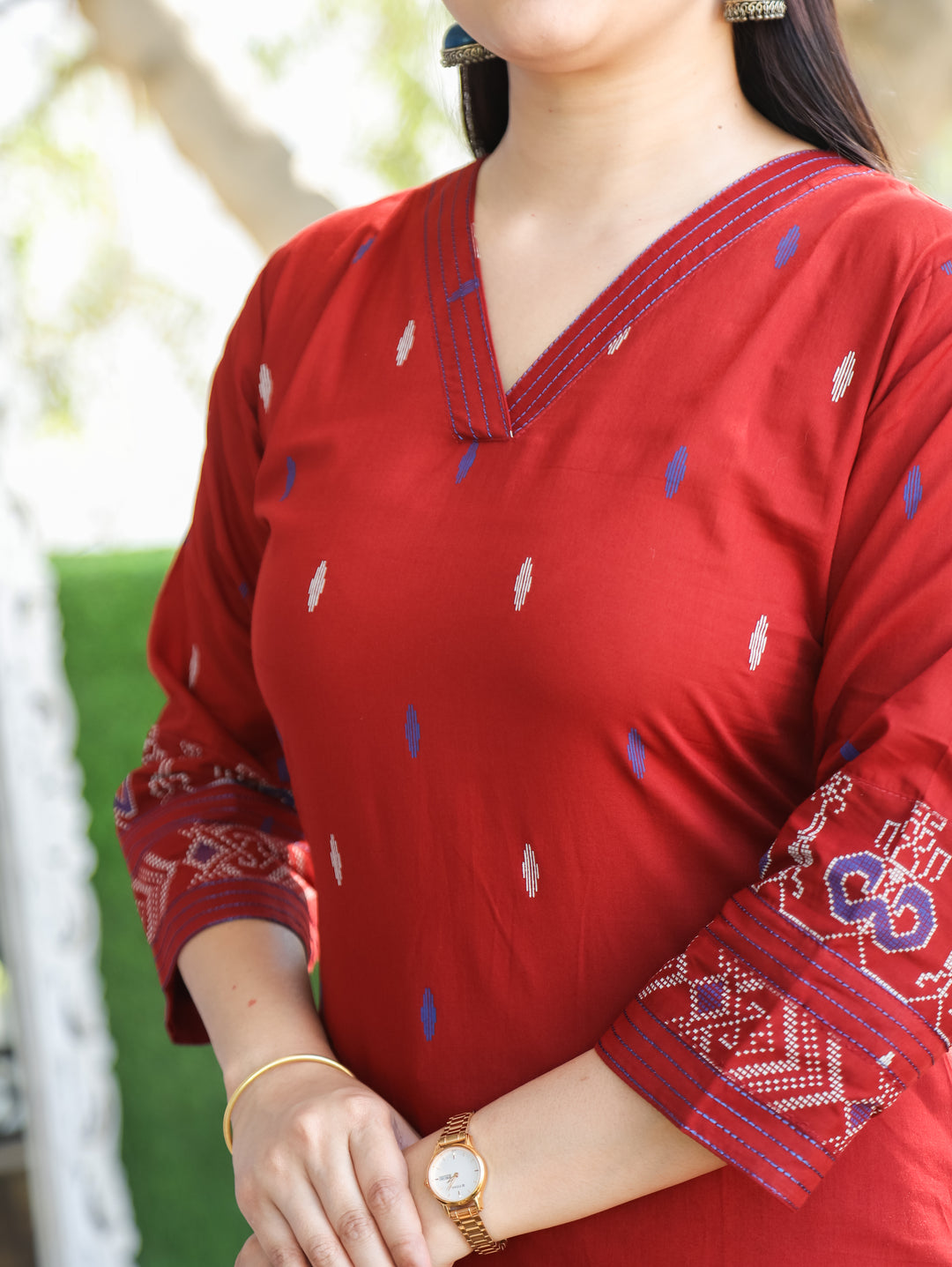Mishthi Cherry Red V NeckThread Work Pigment Printed Work Cotton 2 Piece Set